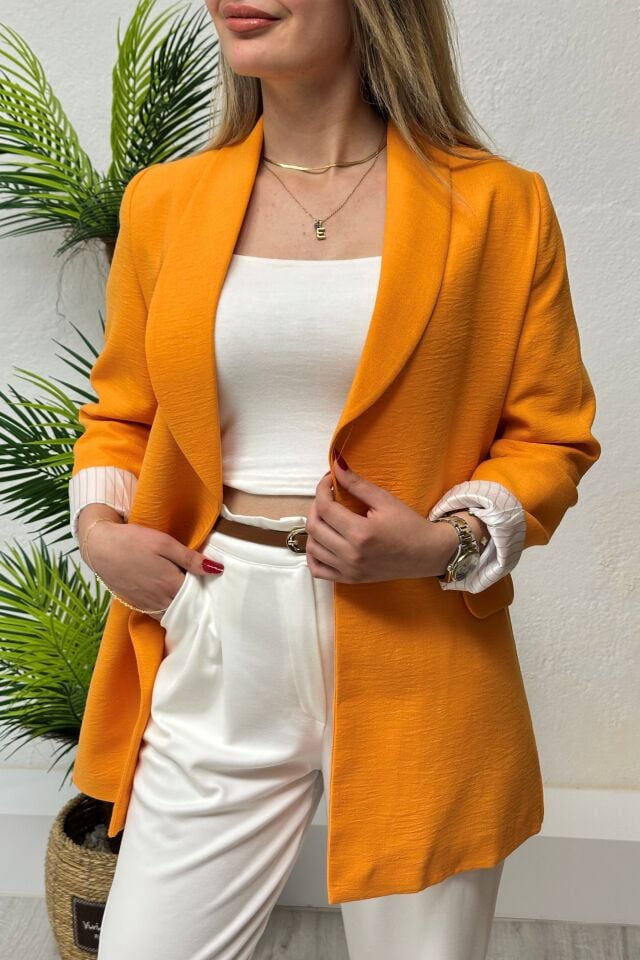 Krep Keten Kumaş Çizgili Astarlı Blazer Ceket Turuncu
