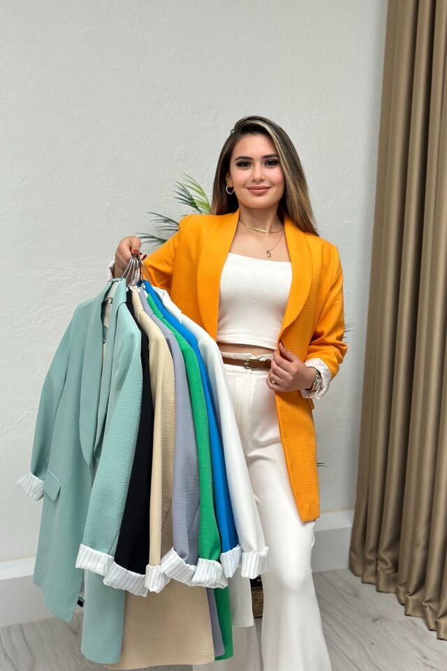 Krep Keten Kumaş Çizgili Astarlı Blazer Ceket Turuncu