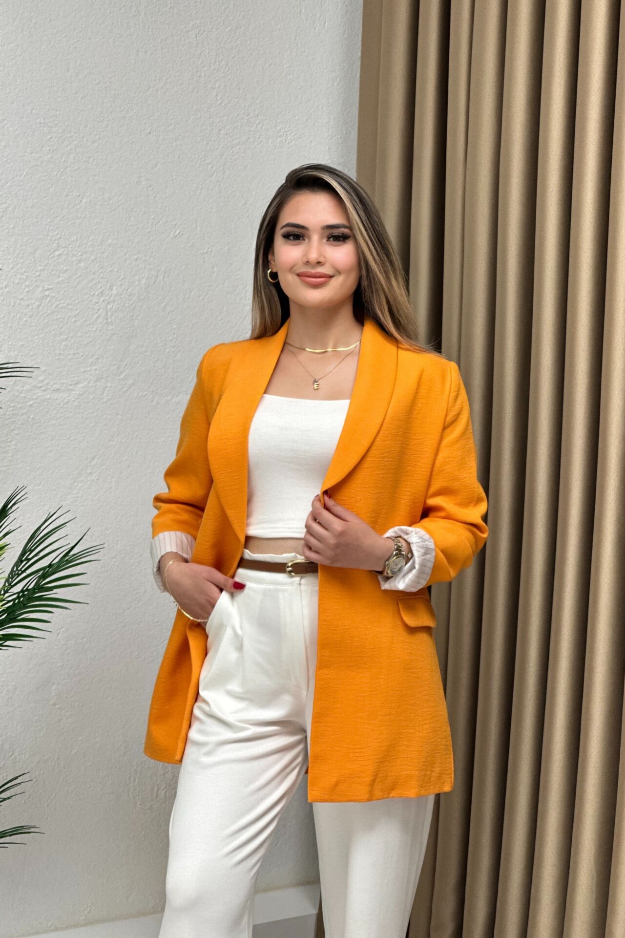 Krep Keten Kumaş Çizgili Astarlı Blazer Ceket Turuncu