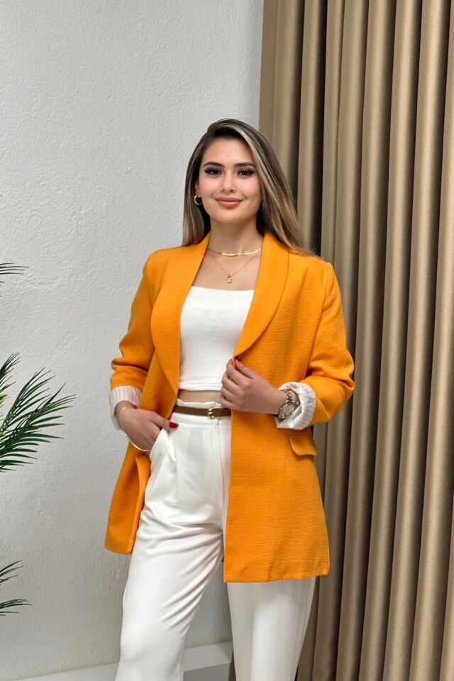 Krep Keten Kumaş Çizgili Astarlı Blazer Ceket Turuncu
