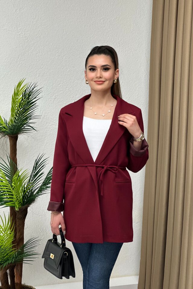 Premium Kuşaklı Blazer Ceket Bordo
