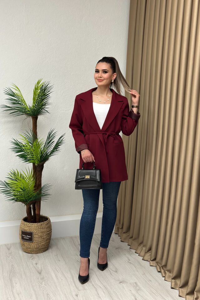 Premium Kuşaklı Blazer Ceket Bordo
