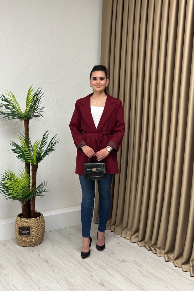 Premium Kuşaklı Blazer Ceket Bordo