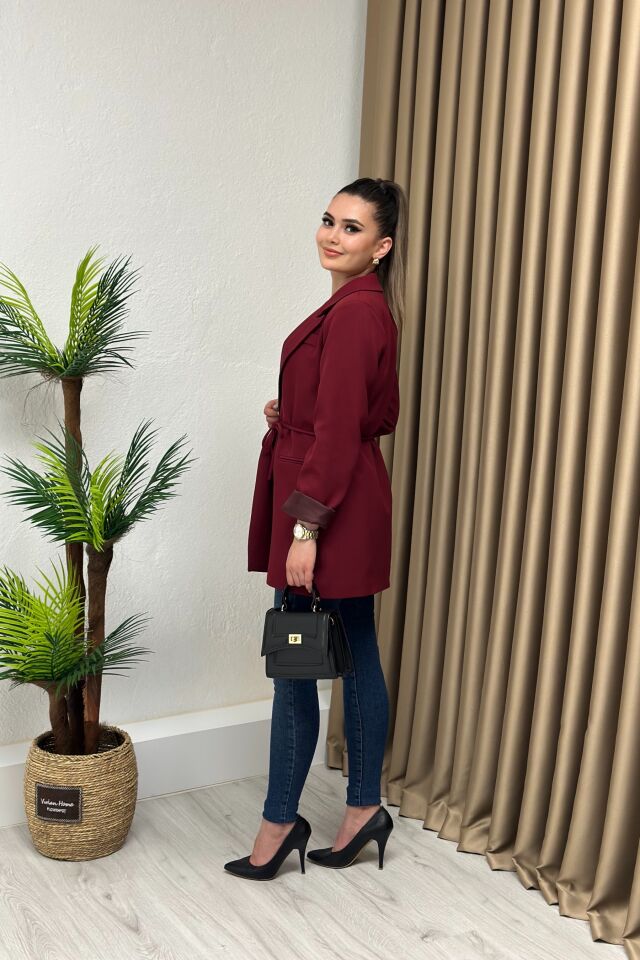 Premium Kuşaklı Blazer Ceket Bordo