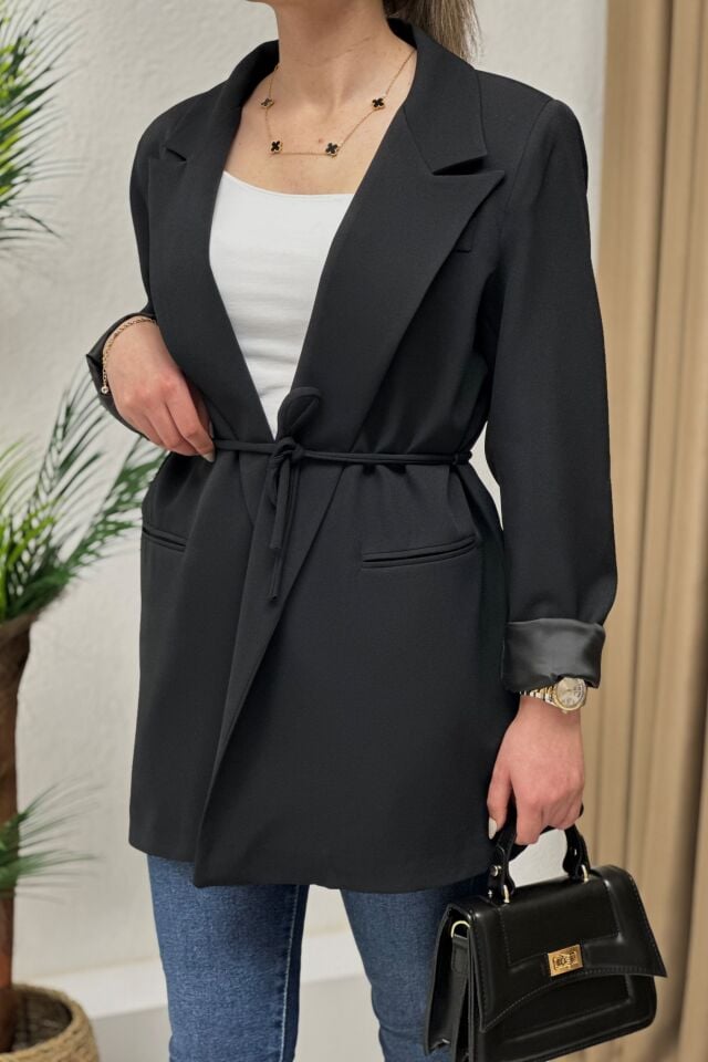 Premium Kuşaklı Blazer Ceket Siyah