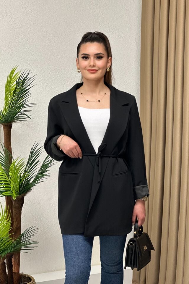 Premium Kuşaklı Blazer Ceket Siyah