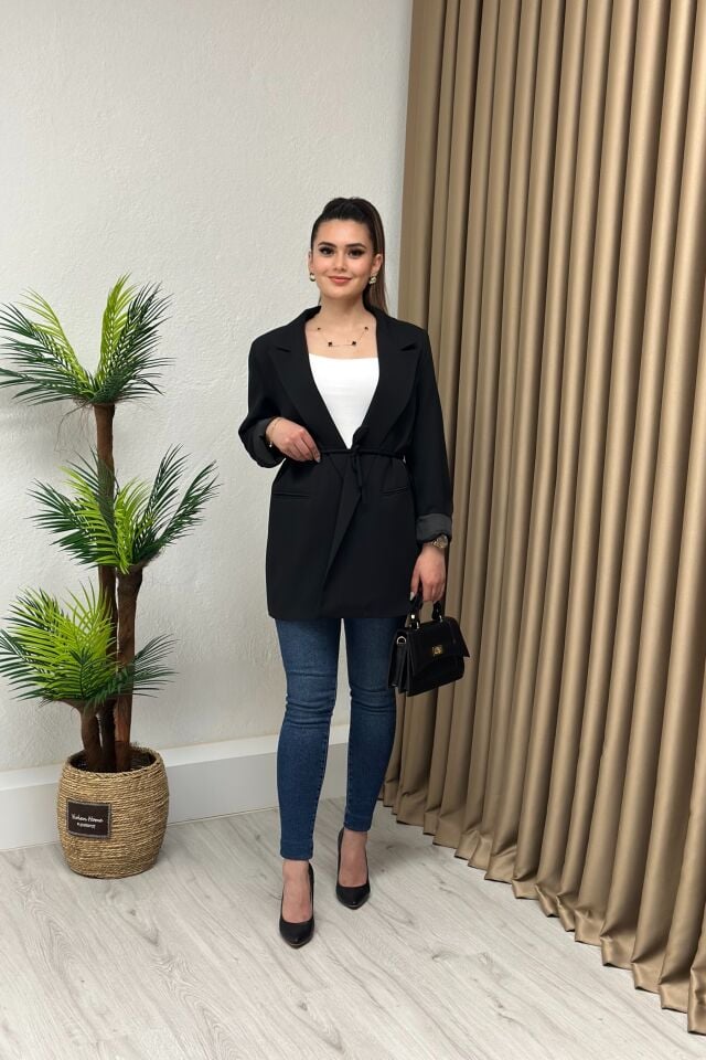 Premium Kuşaklı Blazer Ceket Siyah