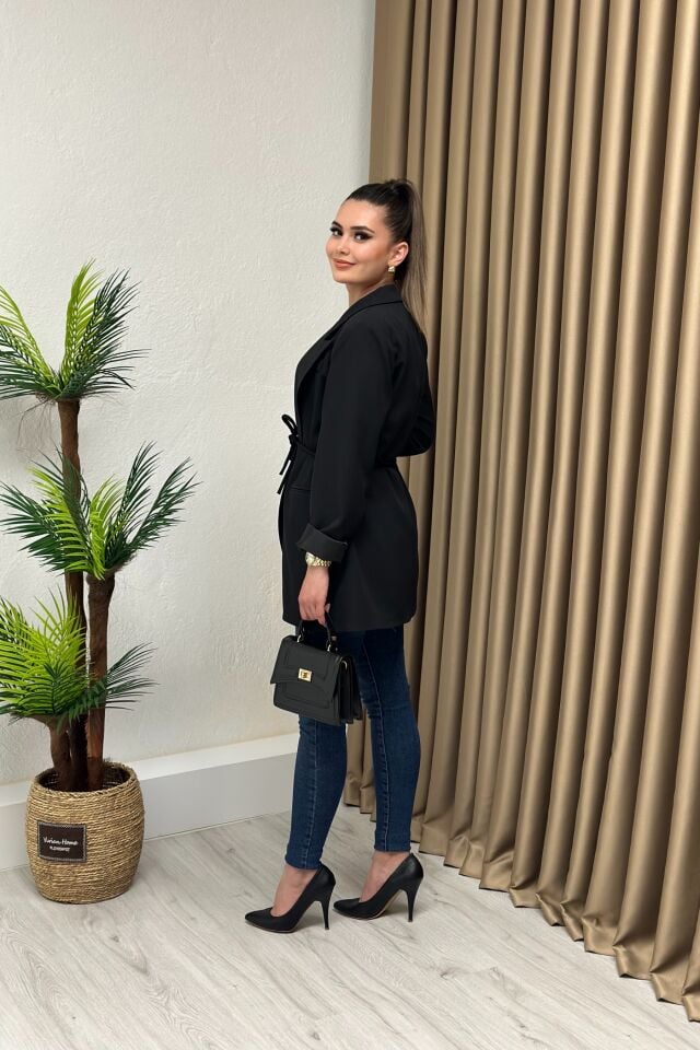 Premium Kuşaklı Blazer Ceket Siyah