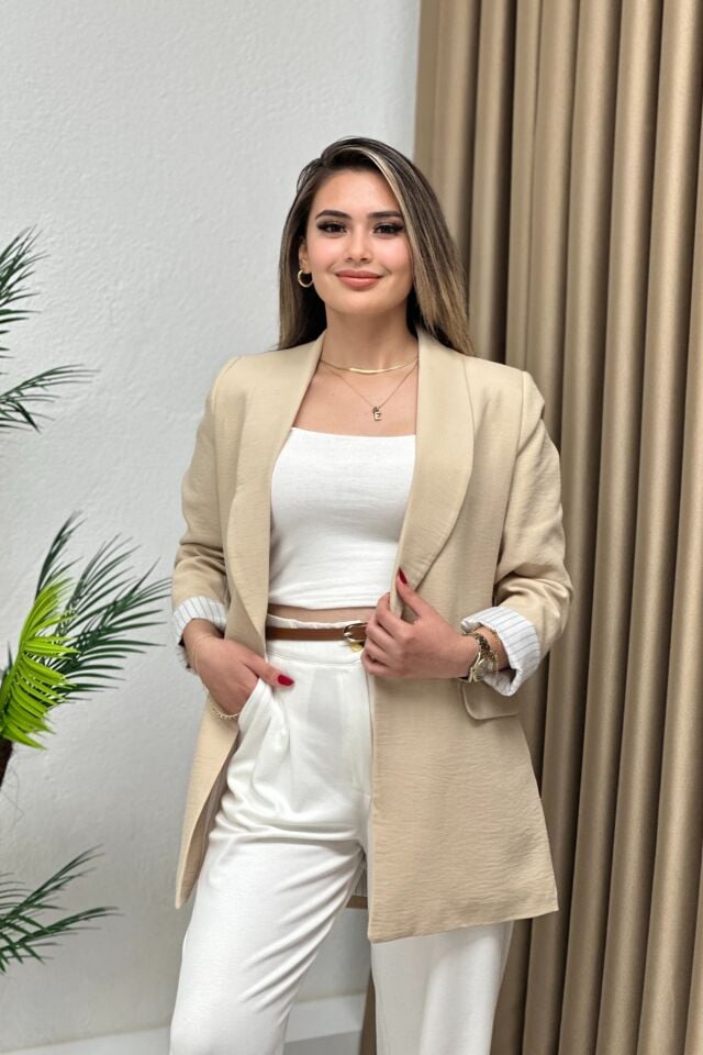 Krep Keten Kumaş Çizgili Astarlı Blazer Ceket Açık Bej