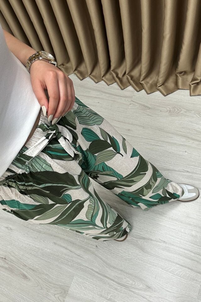 Desenli Viskon Kumaş Beli Lastikli Pantolon Yeşil