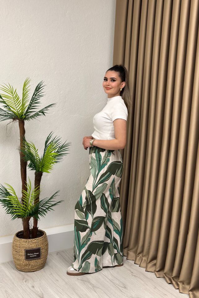 Desenli Viskon Kumaş Beli Lastikli Pantolon Yeşil