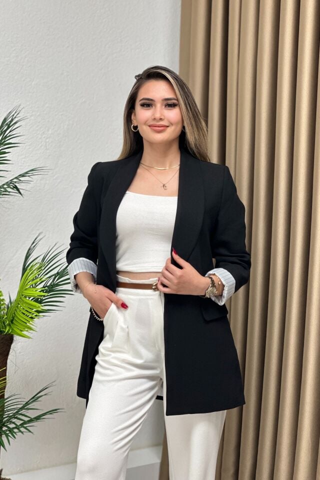 Krep Keten Kumaş Çizgili Astarlı Blazer Ceket Siyah
