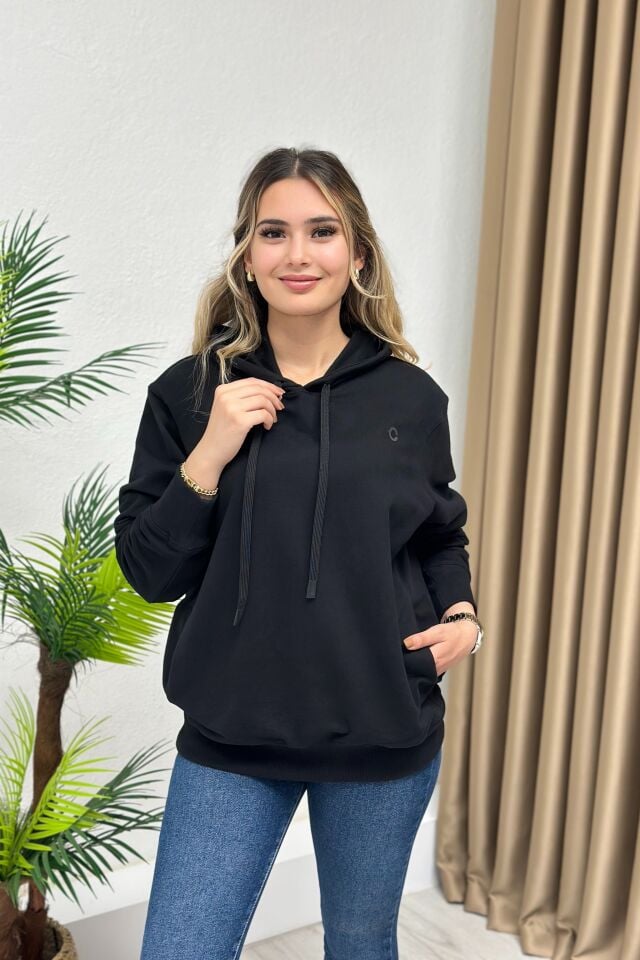 Orjinal Marka kapşonlu Cepli Sweatshirt Siyah