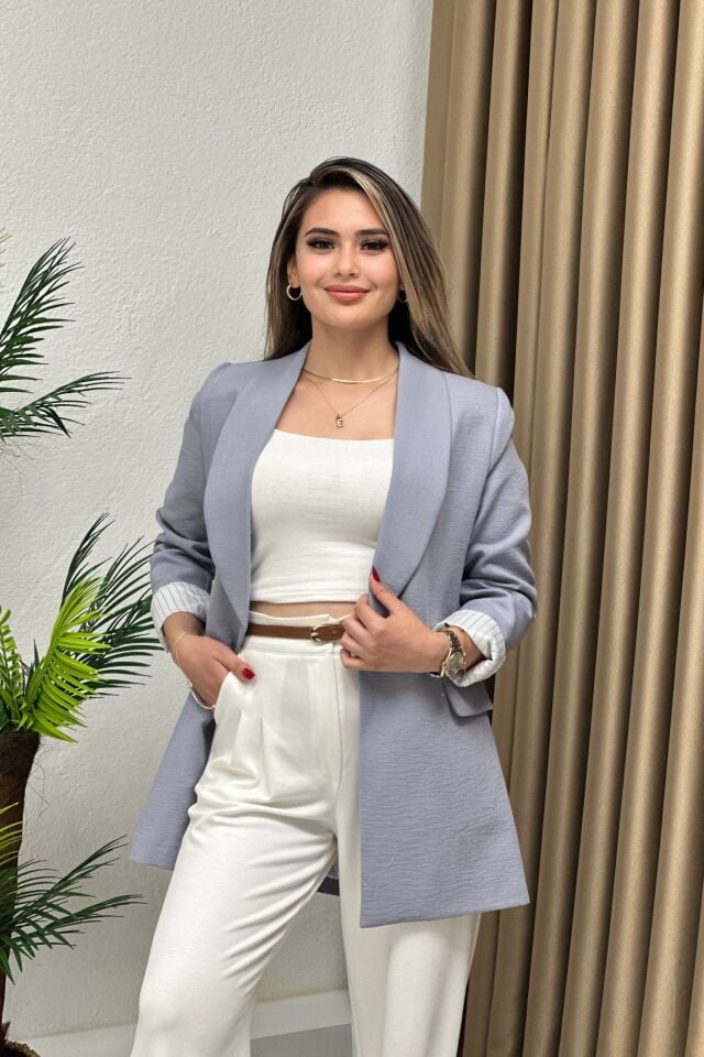 Krep Keten Kumaş Çizgili Astarlı Blazer Ceket Gri