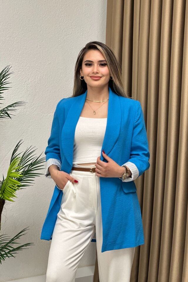 Krep Keten Kumaş Çizgili Astarlı Blazer Ceket Mavi