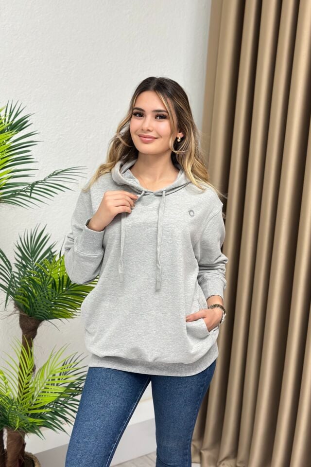 Orjinal Marka kapşonlu Cepli Sweatshirt Gri