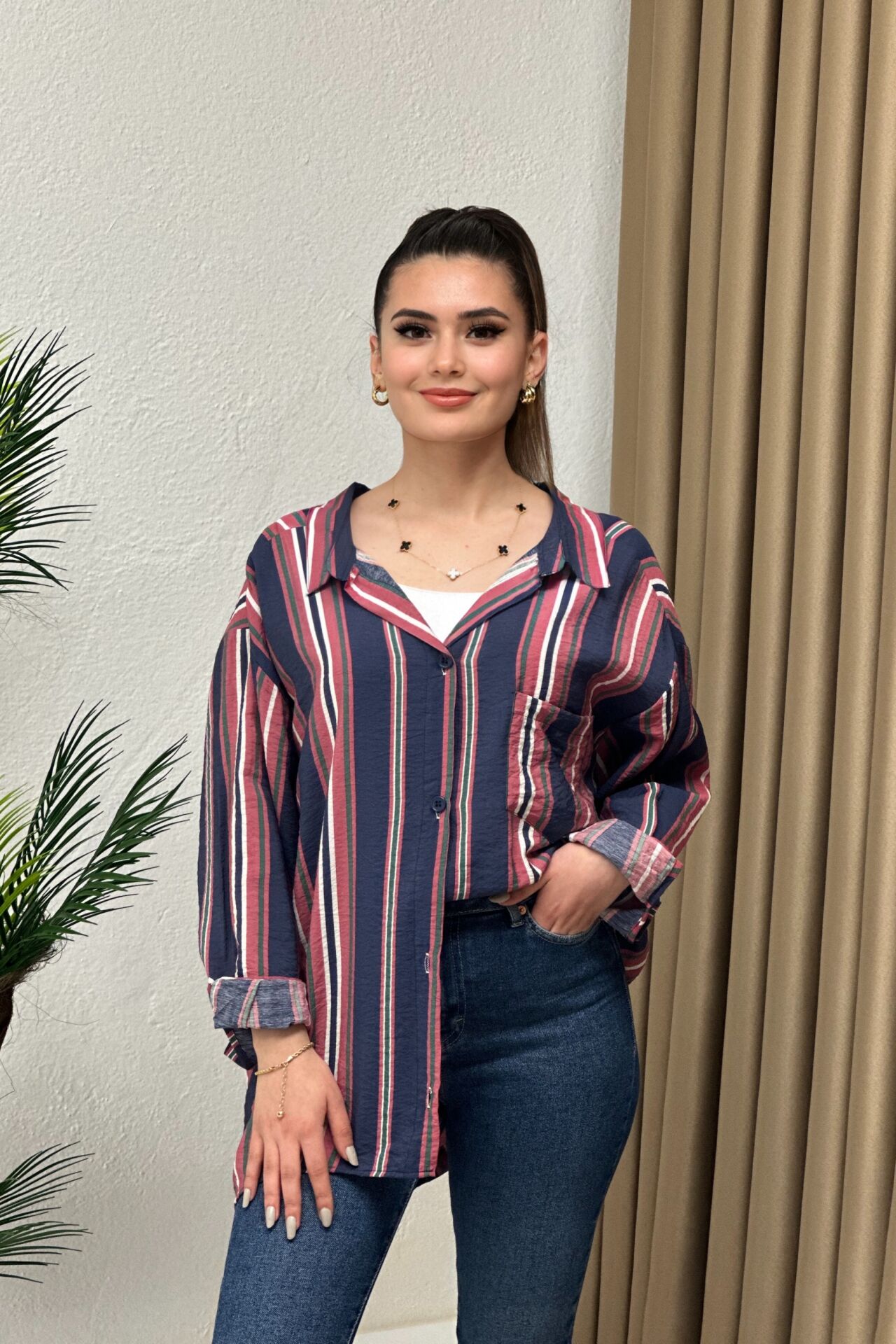 Çizgili Oversize Bambu Kumaş Gömlek