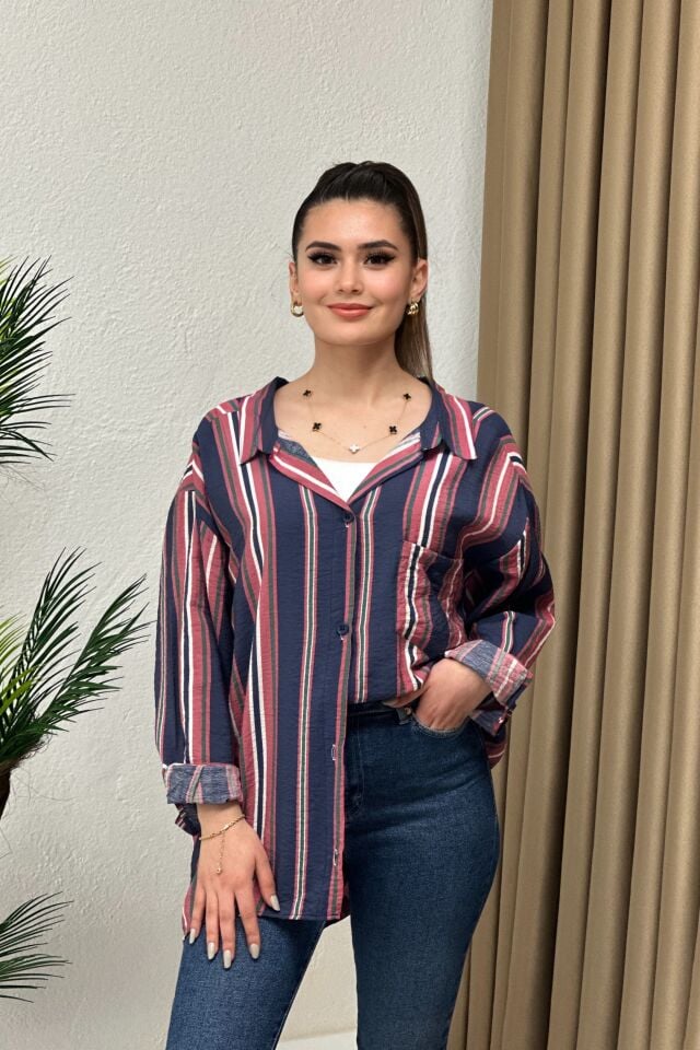 Çizgili Oversize Bambu Kumaş Gömlek