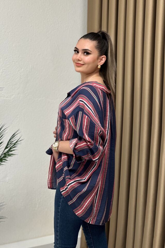 Çizgili Oversize Bambu Kumaş Gömlek