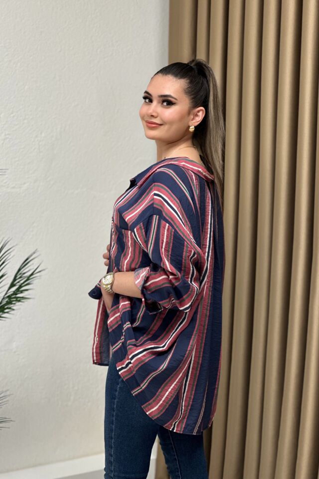 Çizgili Oversize Bambu Kumaş Gömlek