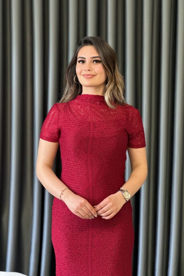 Astarlı Dantel Elbise Bordo