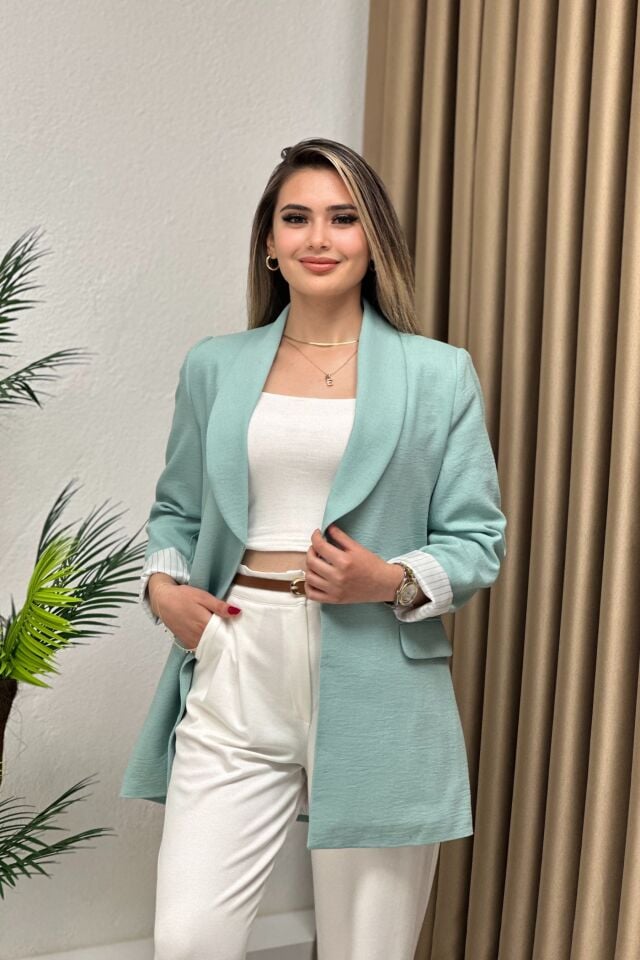 Krep Keten Kumaş Çizgili Astarlı Blazer Ceket Mint Yeşil