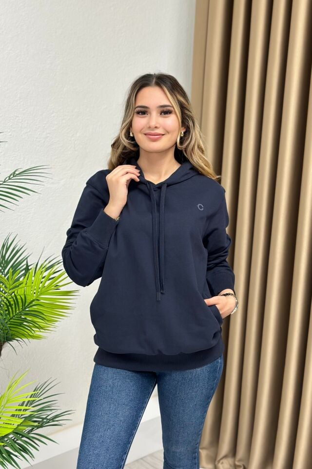Orjinal Marka kapşonlu Cepli Sweatshirt Lacivert