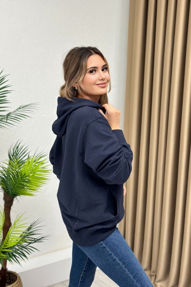 Orjinal Marka kapşonlu Cepli Sweatshirt Lacivert