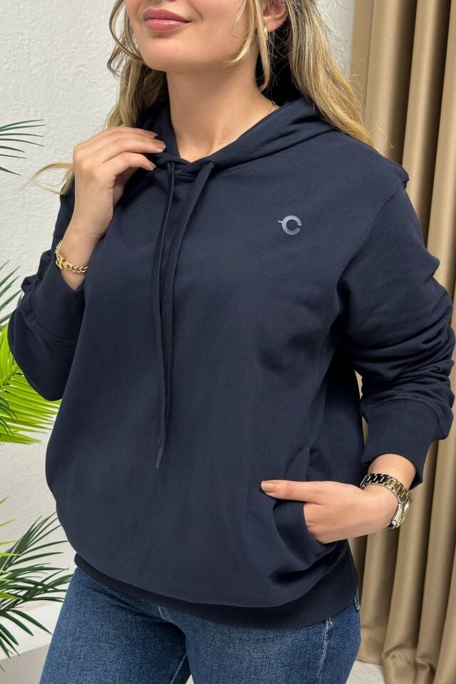 Orjinal Marka kapşonlu Cepli Sweatshirt Lacivert