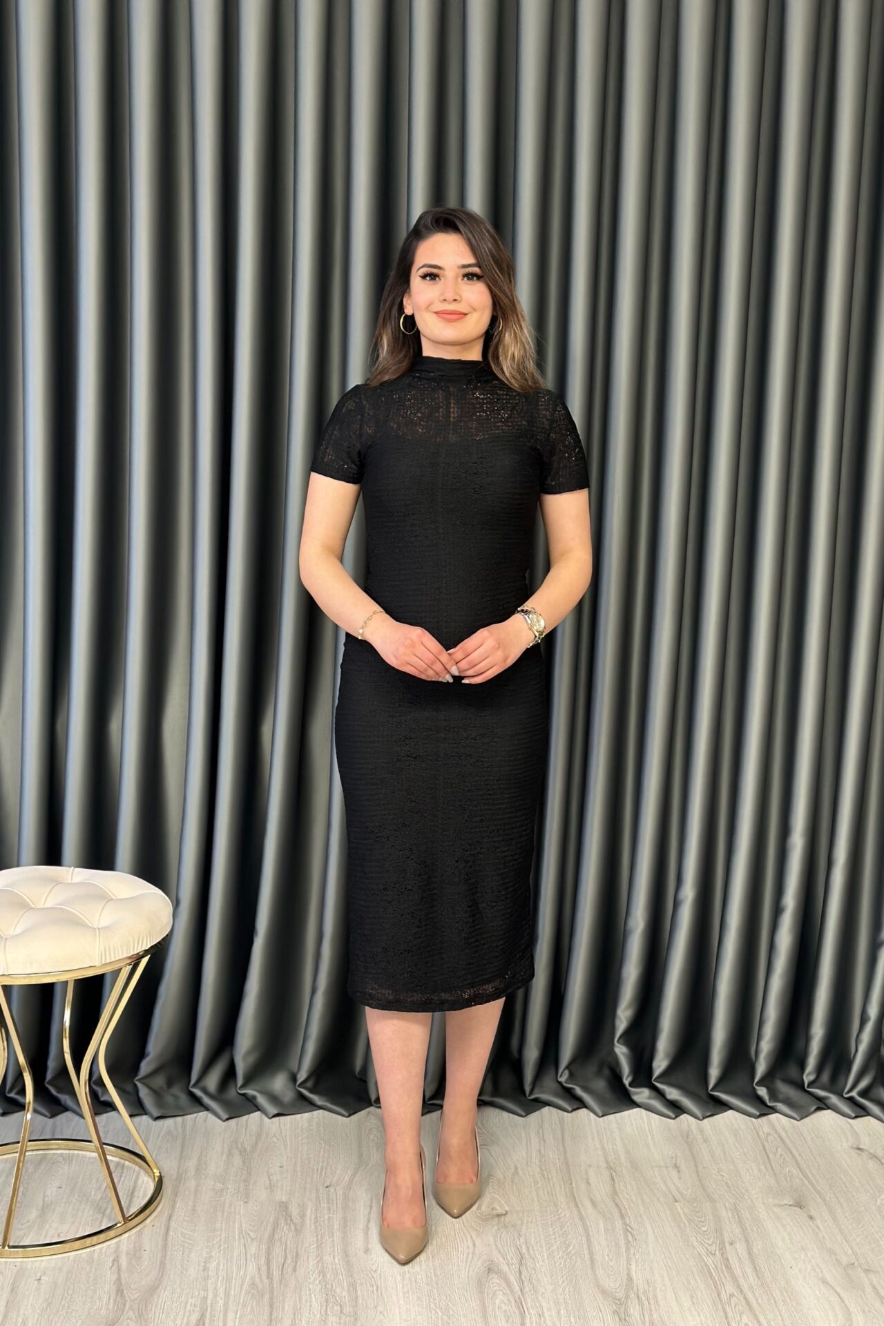 Astarlı Dantel Elbise Siyah