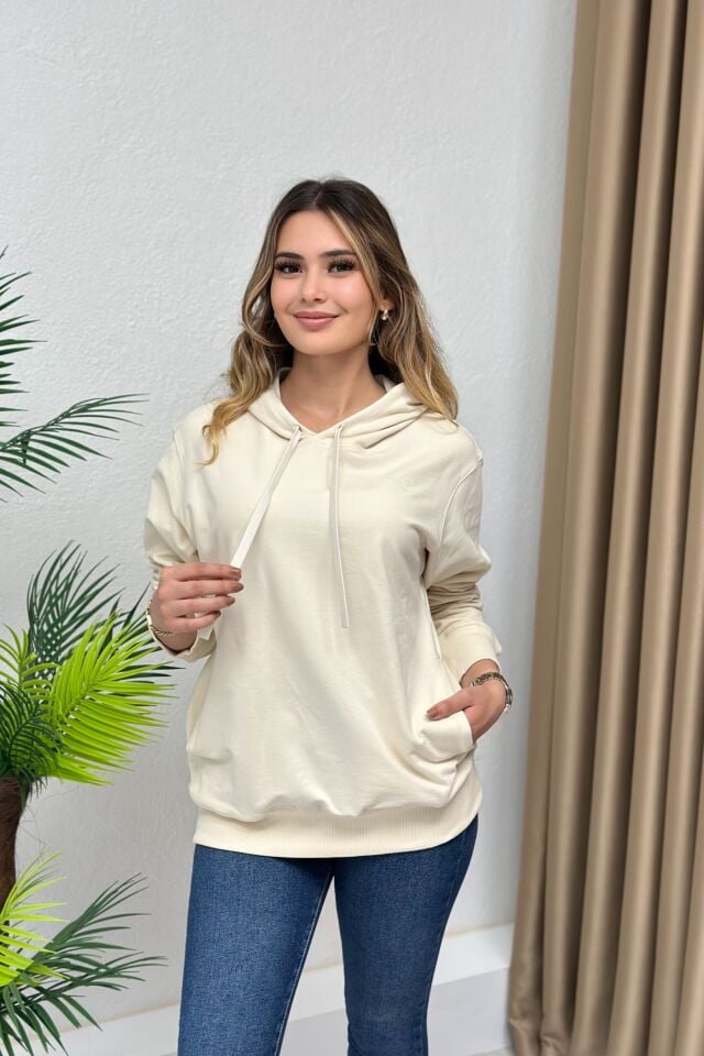 Orjinal Marka kapşonlu Cepli Sweatshirt Bej