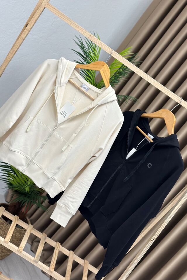 Orjinal Marka Kapşonlu Fermuarlı Cepli Sweatshirt Siyah