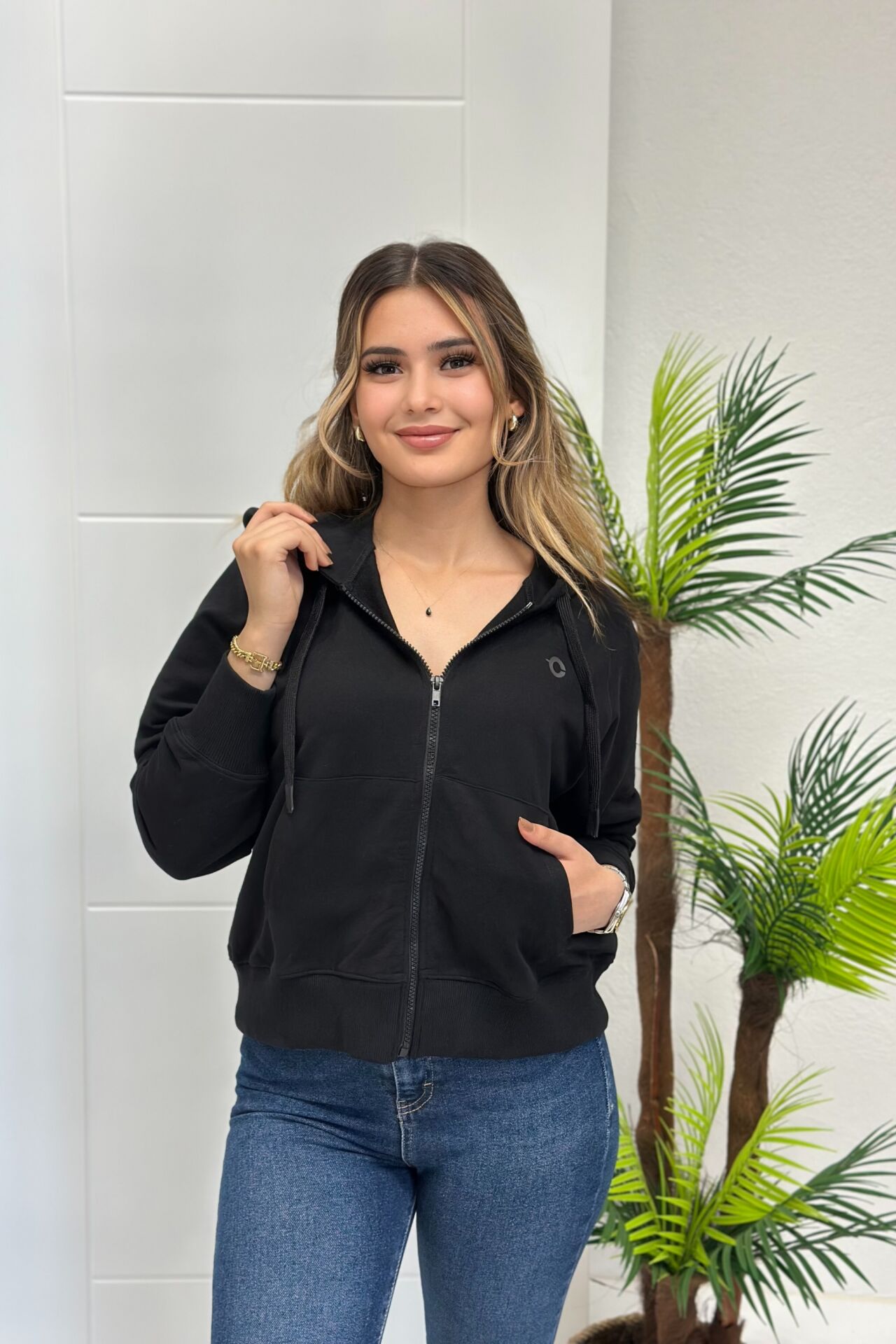 Orjinal Marka Kapşonlu Fermuarlı Cepli Sweatshirt Siyah