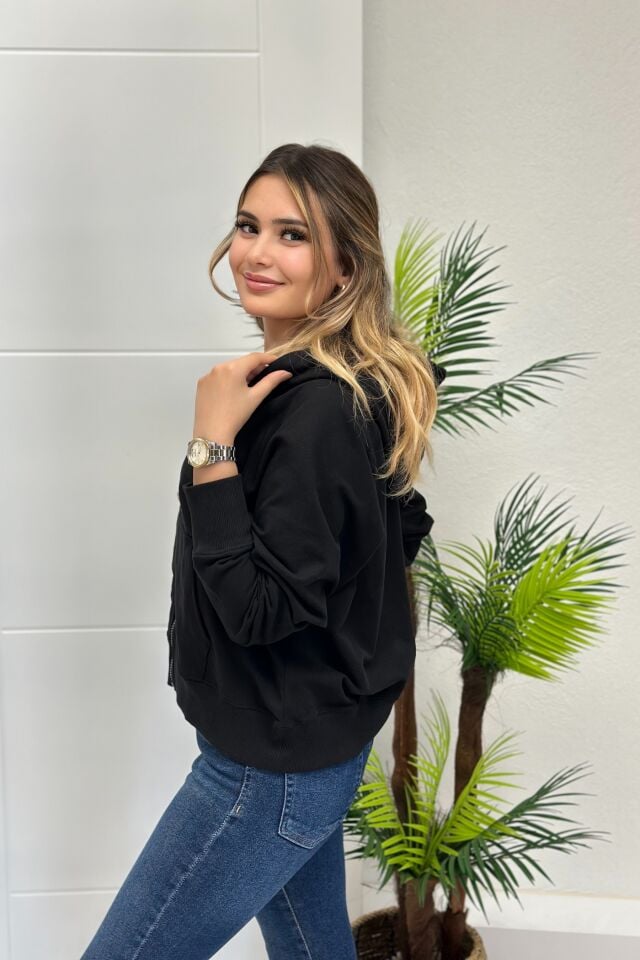 Orjinal Marka Kapşonlu Fermuarlı Cepli Sweatshirt Siyah