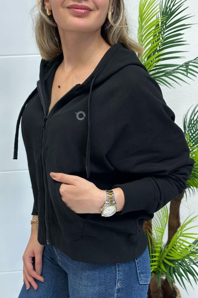 Orjinal Marka Kapşonlu Fermuarlı Cepli Sweatshirt Siyah