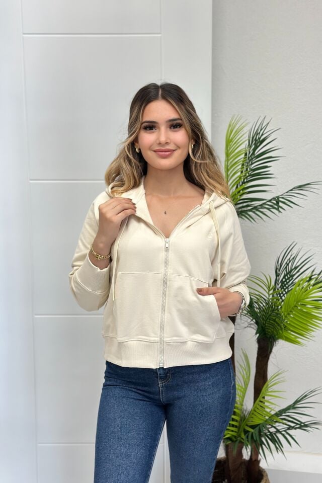 Orjinal Marka Kapşonlu Fermuarlı Cepli Sweatshirt Bej
