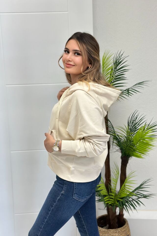 Orjinal Marka Kapşonlu Fermuarlı Cepli Sweatshirt Bej