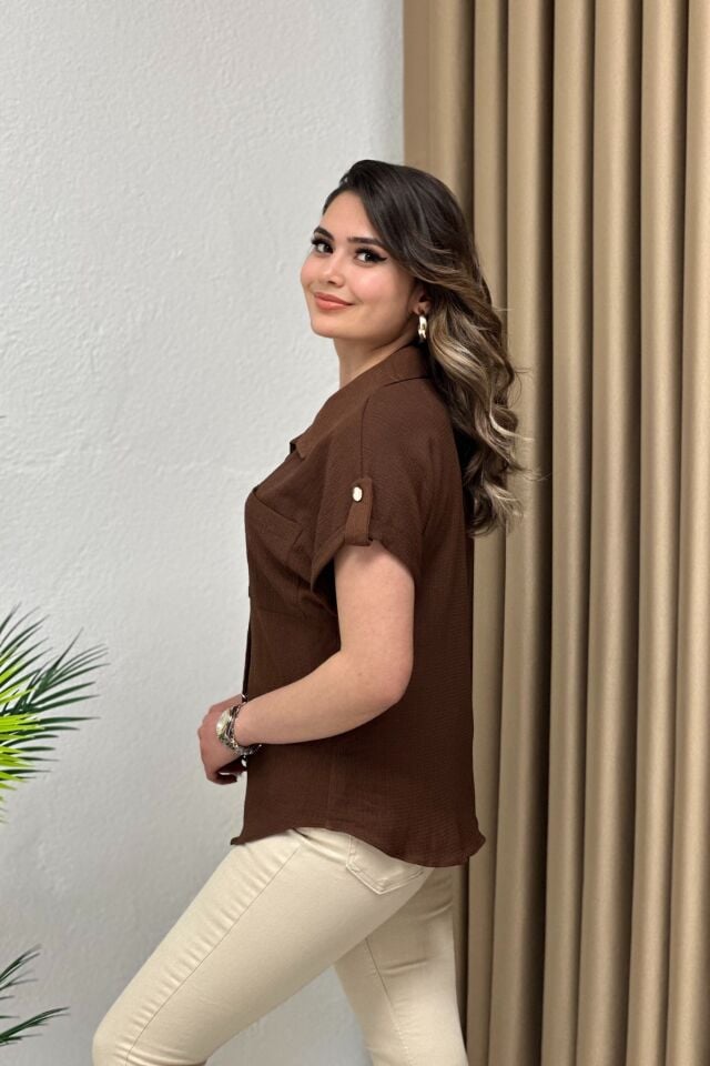 Krinkıl Kumaş Apoletli Likralı Gömlek Kahverengi
