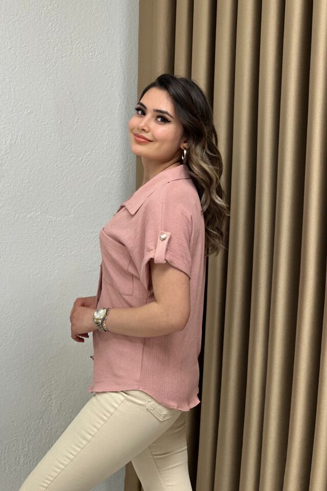 Krinkıl Kumaş Apoletli Likralı Gömlek Pudra