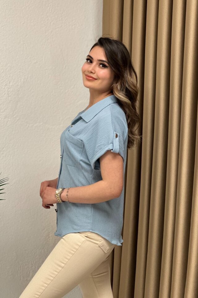 Krinkıl Kumaş Apoletli Likralı Gömlek Bebe Mavi