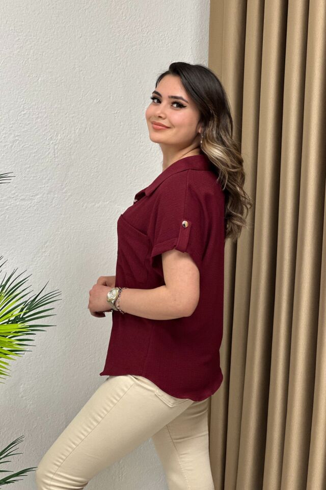 Krinkıl Kumaş Apoletli Likralı Gömlek Bordo