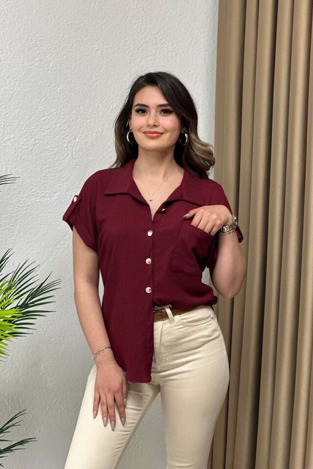 Krinkıl Kumaş Apoletli Likralı Gömlek Bordo
