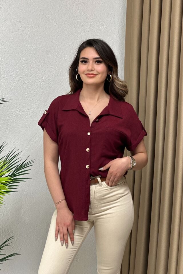 Krinkıl Kumaş Apoletli Likralı Gömlek Bordo
