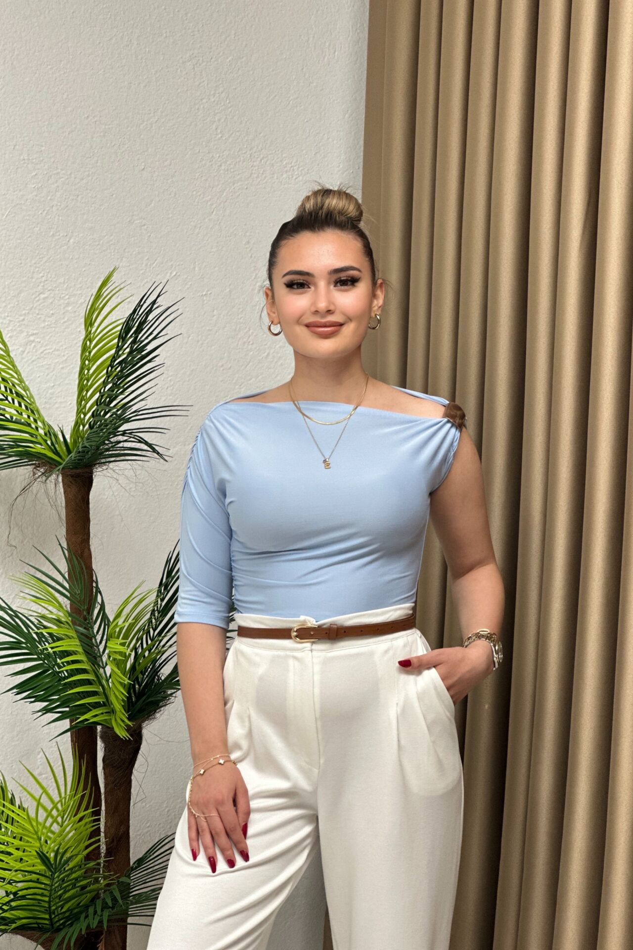 Omuz Tokalı Drapeli Bluz Bebe Mavi