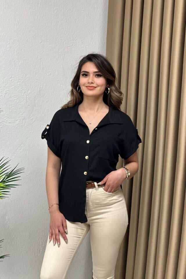 Krinkıl Kumaş Apoletli Likralı Gömlek Siyah