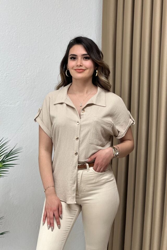 Krinkıl Kumaş Apoletli Likralı Gömlek Bej