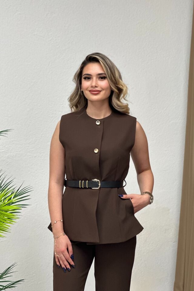 Premium Seri Double Atlas Kumaş Kemerli Yelek Pantolon Takım Acı Kahve