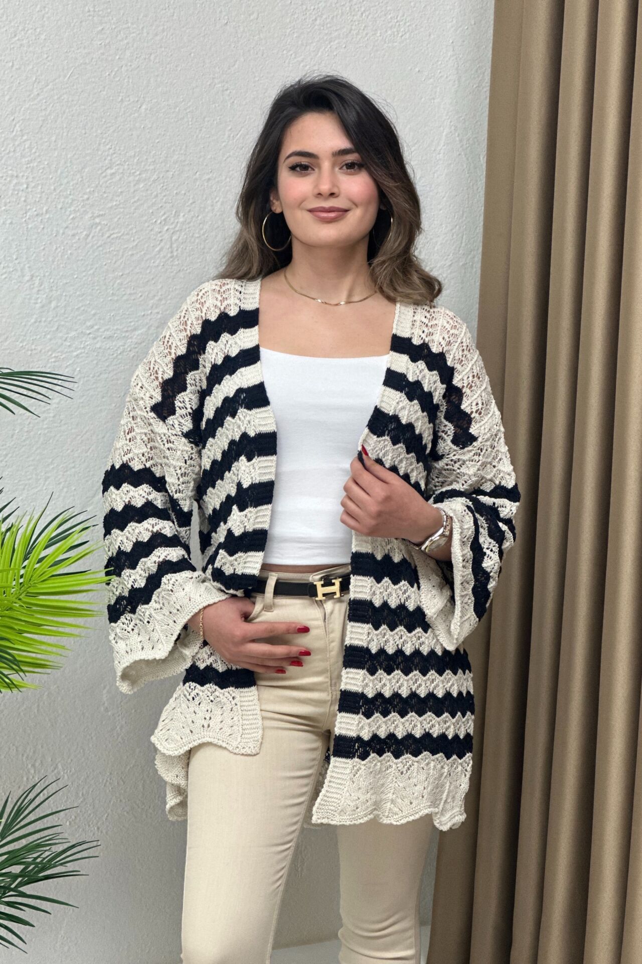 Merserize Hırka Lacivert Bej Geçişli