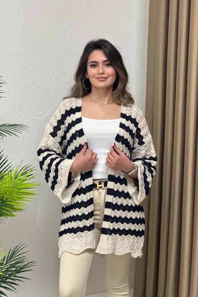 Merserize Hırka Lacivert Bej Geçişli