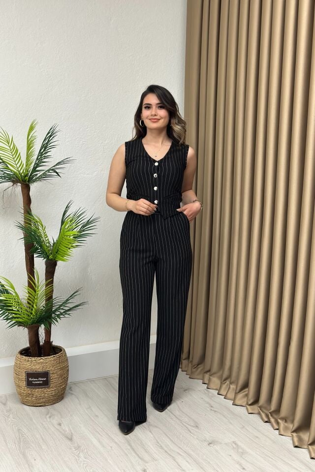Örme Kumaş Çizgili Yelekli Takım Siyah